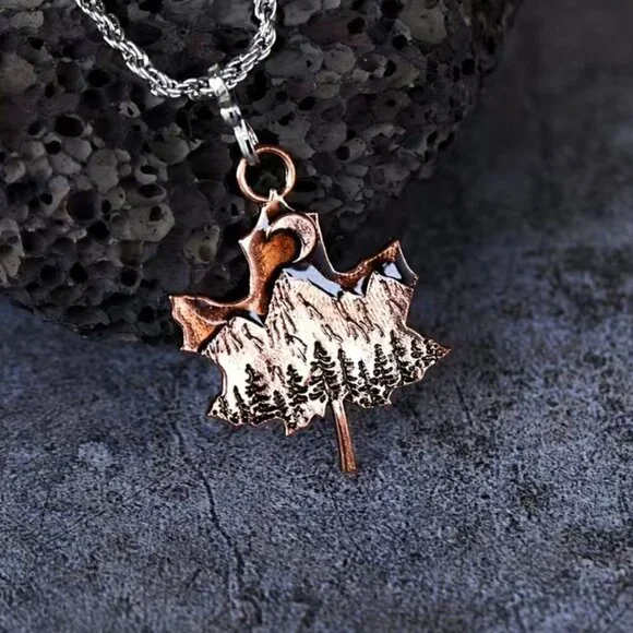 Maple Leaf Pendant Necklace with Mountains and Moon #1124 - Picture 7 of 8